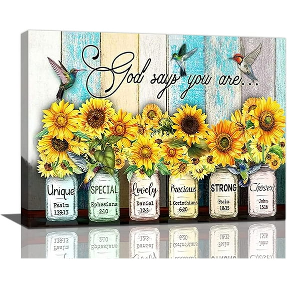 Rustic Sunflower Hummingbird Canvas Wall Art Inspirational Quotes Pictures Farmhouse Wall Decor God Says You are Painting Prints Country Artwork for Bathroom Living Room Bedroom 16"x12"