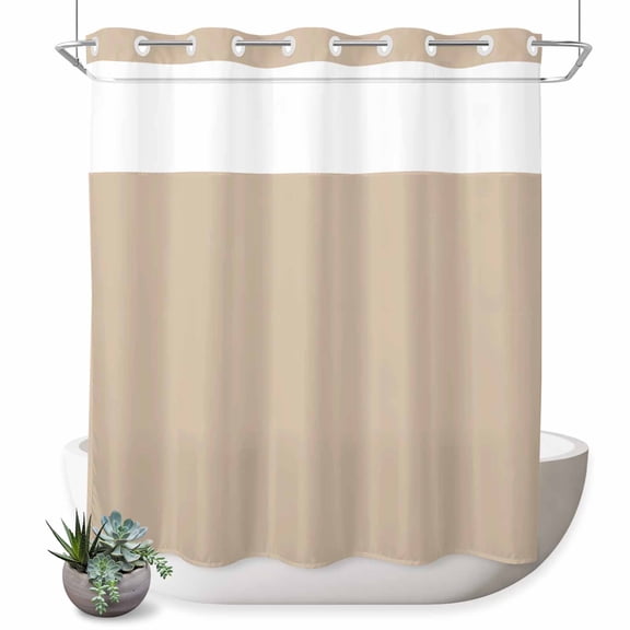 No Hook Shower Curtain, Pure Light Khaki Shower Curtains for Bathroom with See Through Top Window, Simple Solid Color Waterproof & Washable Bath Curtain 66"x72"