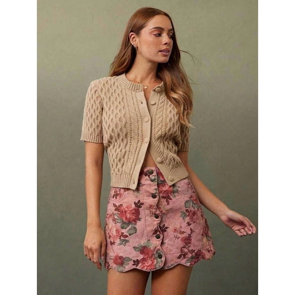 Pink Floral Print High Waist Scalloped Button-Front A-Line Denim Mini Skirt