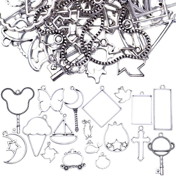 100g Antique Silver Bezel Charms Pendants Alloy Open Back Bezel Blanks Hollow Pressed Flower Frame Pendant Resin Molds for DIY Jewelry Crafts Making Necklace Earrings, Mixed Styles