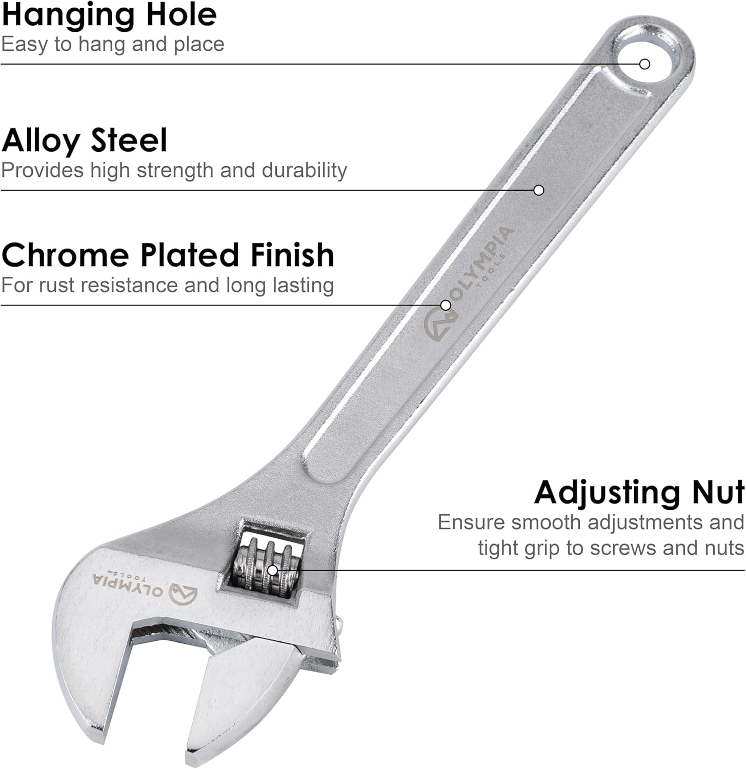 10" Adjustable Wrench, Heavy Duty Drop Forged Steel, Chrome Plated, Precision Machined Jaws, Rust Resistant