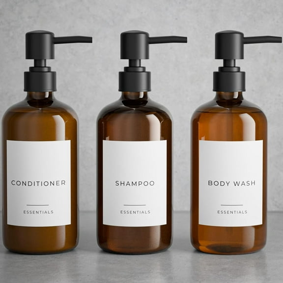 Stylish Shampoo and Conditioner Dispenser Set of 3 - Modern 21oz Shower Soap PET Bottles with Pump and Labels - Easy to Refill Body Wash Dispensers for an Instant Bathroom Decor Upgrade