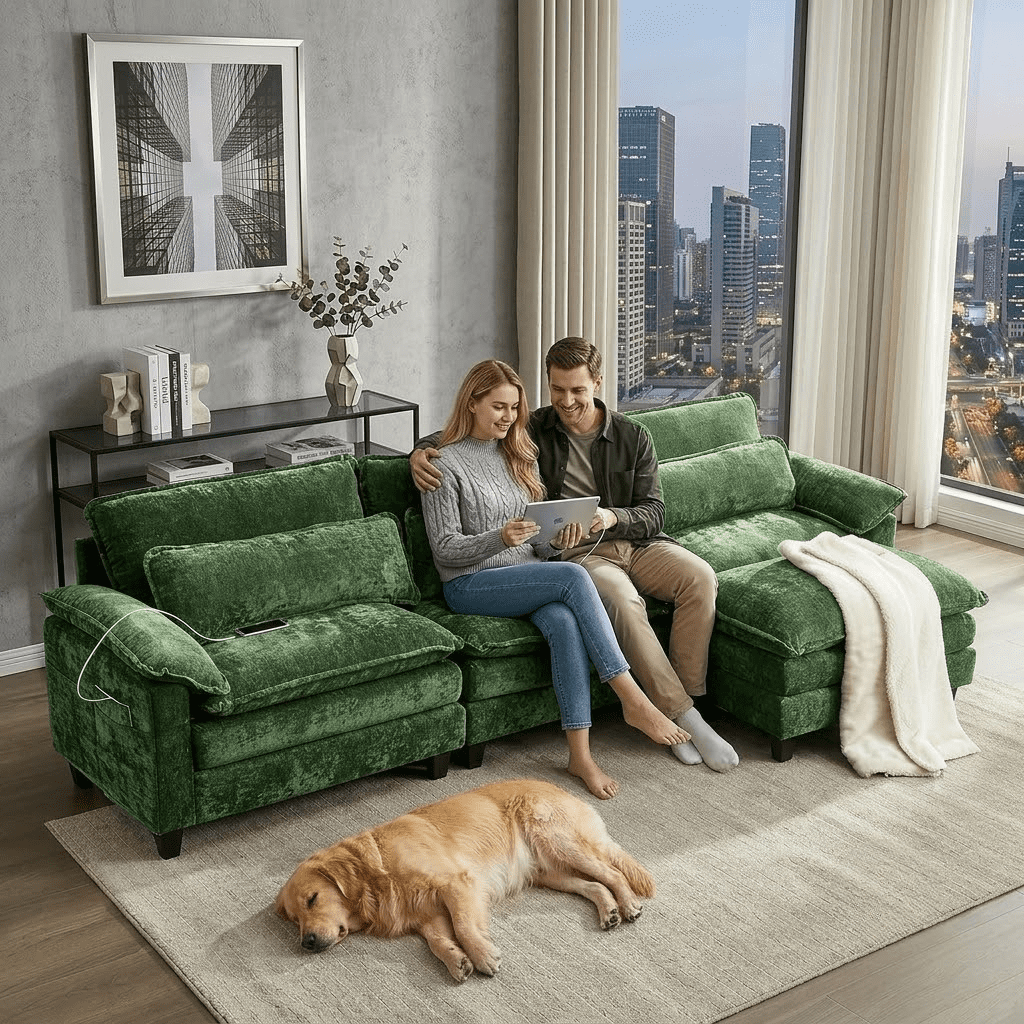 Howcool Cloud Couch Modular Sectional Sofa 3 Seat 113" L Shaped Convertible Couch Chenille Thick Cushion with Ottoman, Removable & Washable Cover for Living Room, Green