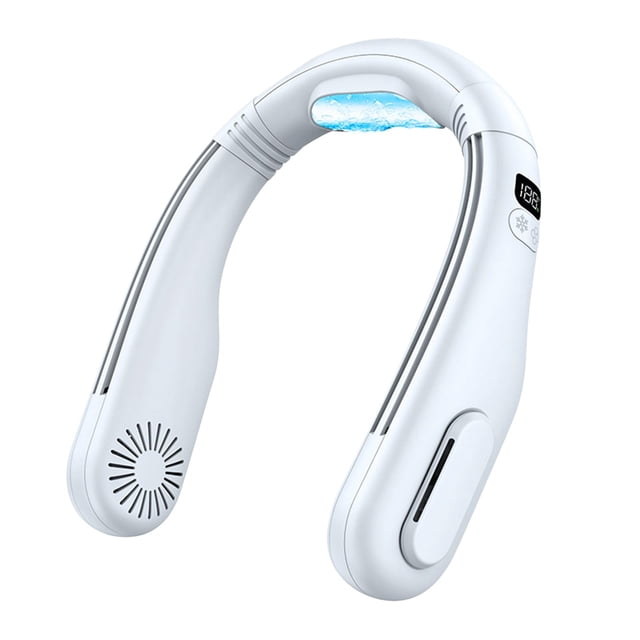 aire acondicionado portátil cuello gloria ventilador portátil para colgar en el cuello 4000 mah ventilador personal banda para el cuello blanco en U, vista 3/4 mostrando brazos curvos con extremos con rejilla sin aspas, carcasa de silicona y botón lateral; especificado con semiconductor y batería recargable 4000 mAh; diseño manos libres para exteriores, oficina o viajes; suele usarse también como ventilador personal para deportes.