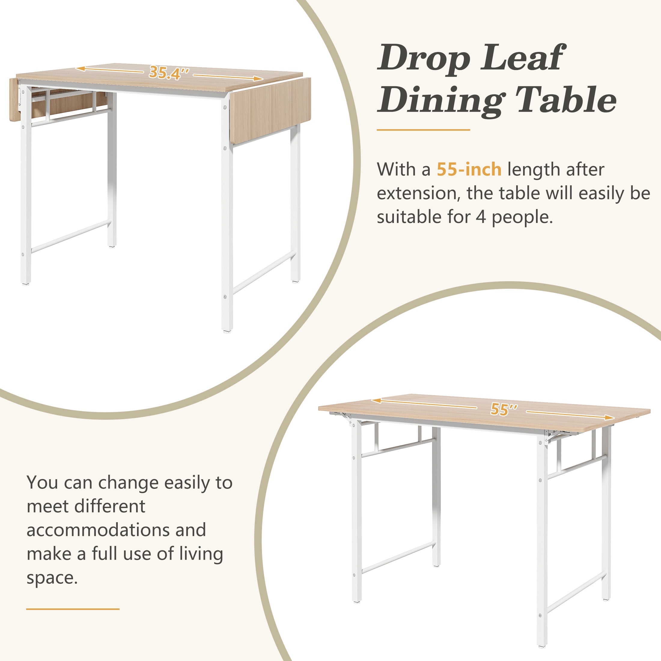 Dining Table Set for 4, PAPROOS 5 Piece Dining Set with Chairs, Counter Height Drop Leaf Dinner Table and 4 Stools for Kitchen Dining Room Breakfast Nook, Natural & White