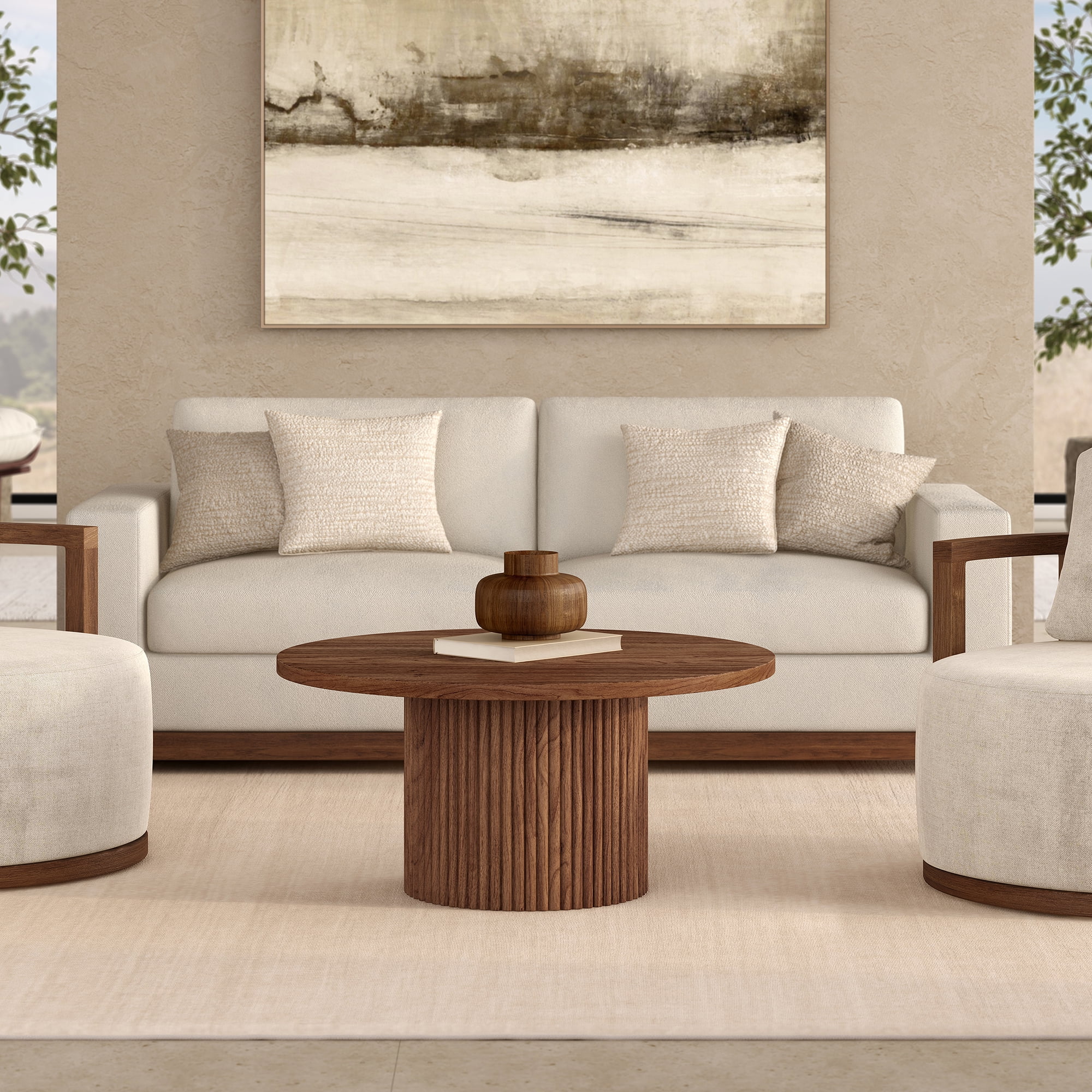 Rollan 32" Wide Round Fluted Coffee Table in Satin Walnut