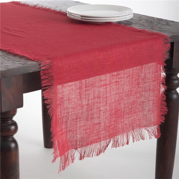 SARO  20 x 108 in. Mari Sati Rectangular Fringed Jute Table Runner - Red