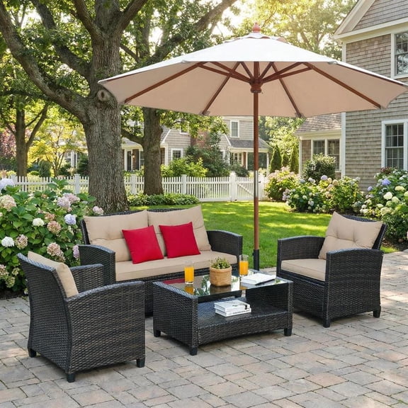 Topcobe 4 Pieces Outdoor Rattan Wicker Loveseat Furniture Set with Glass Table, Small Patio Set, Khaki