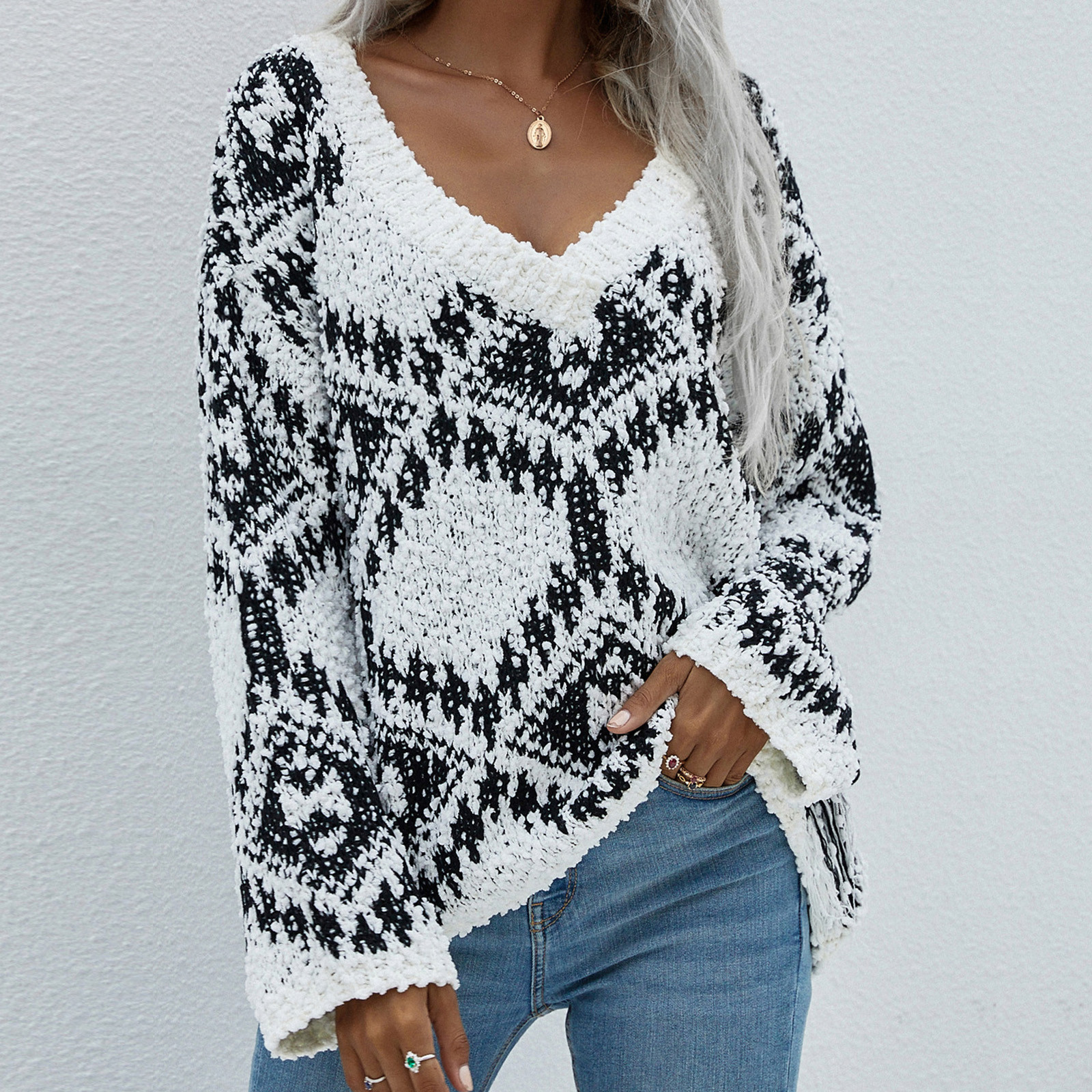 Long Sleeve Sweater Loose V-Neck 