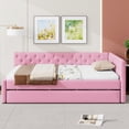 thumbnail image 3 of Full XL Upholstered Daybed with Twin XL Trundle, Tufted Button Platform Bed Frame with Sturdy Slats Support, Low Profile Sofa Bed for Small Spaces, Guest Room, No Box Spring Needed, Pink, 3 of 7