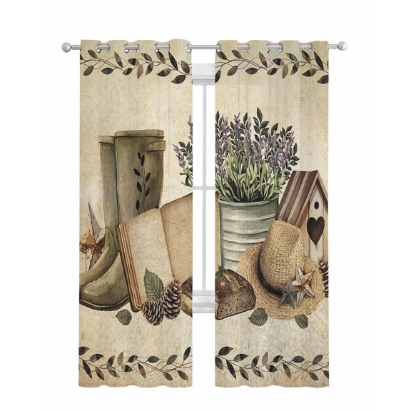 Vintage Farmhouse Sheer Curtains 84 Inch Length 2 Panels Set for Living Room/Bedroom, Retro Country Boots Flowers Leaf Book Kitchen Curtains Grommet Semi-Sheer Curtains Window Treatments 42"x84"x2