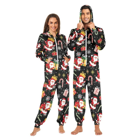 Adult Christmas Onesie Santa Claus Snowflakes Adult Zipper One-Piece Pajamas Unisex Pajamas with Pockets