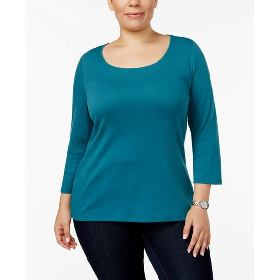 Charter Club Plus Size Cotton Scoop Neck Top Dusty Teal 0X