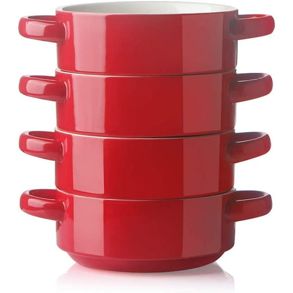 HHHC Ceramic Soup Bowl with Double Handles, 20 Oz Stacked Bowls for French Onion Soup, Cereal, Pot Pies, Stew, Chill, Pasta, Set of 4 (Red)