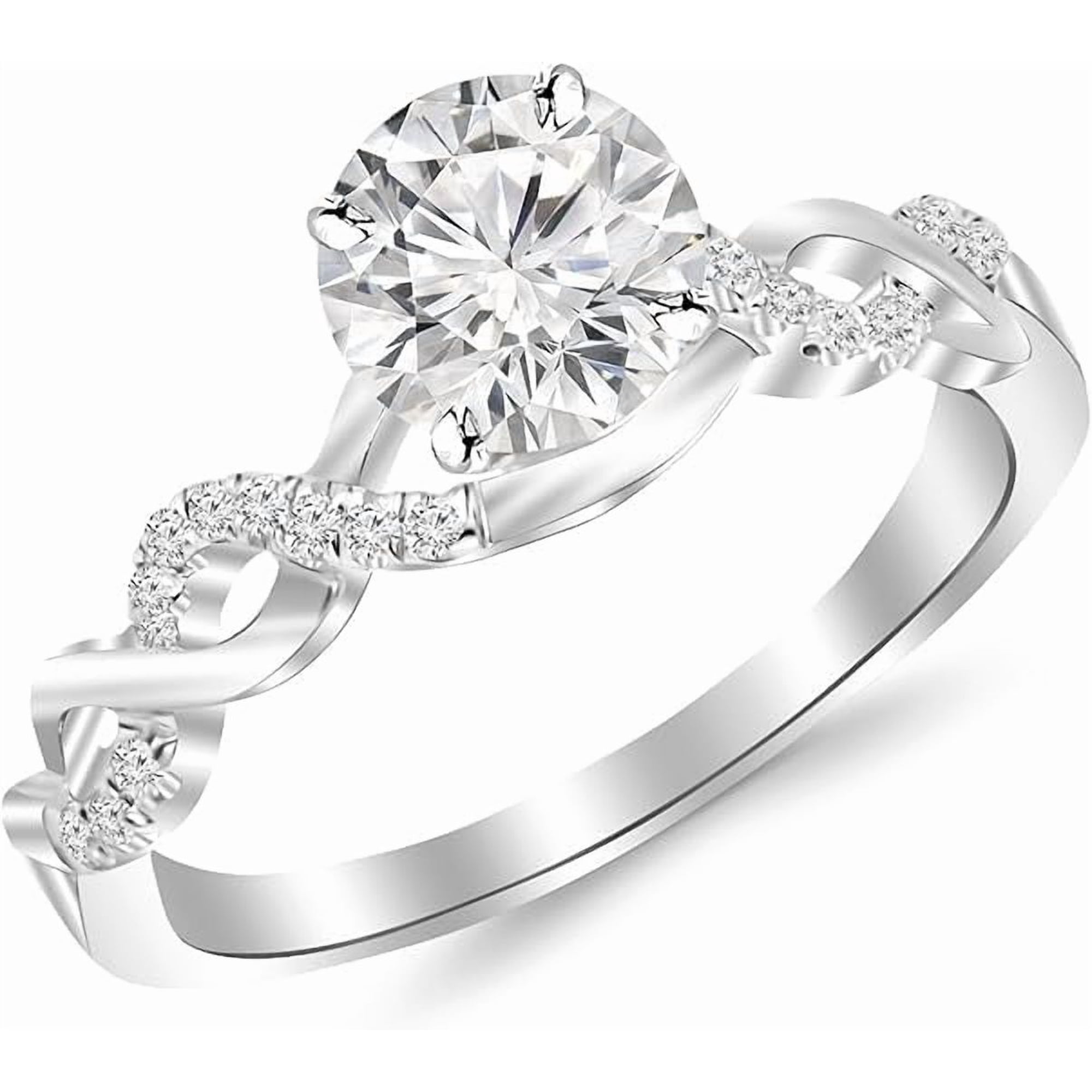 Houston Diamond District Twisting Infinity Gold and Diamond Split Shank Pave Set Diamond Engagement Ring I-J I2 Round Brilliant Cut/Shape Center Platinum 0.46 Carat Natural Size-4