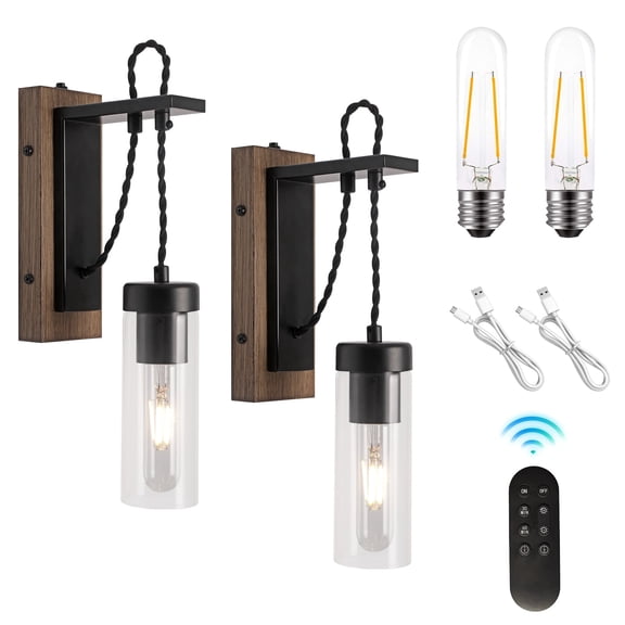 KEESFU  USB Rechargeable Wall Sconce Set of 2, Dimmable Cordless Wall Light with Glass Shade, Remote Control & Height Adjustable for Bedroom Living Room