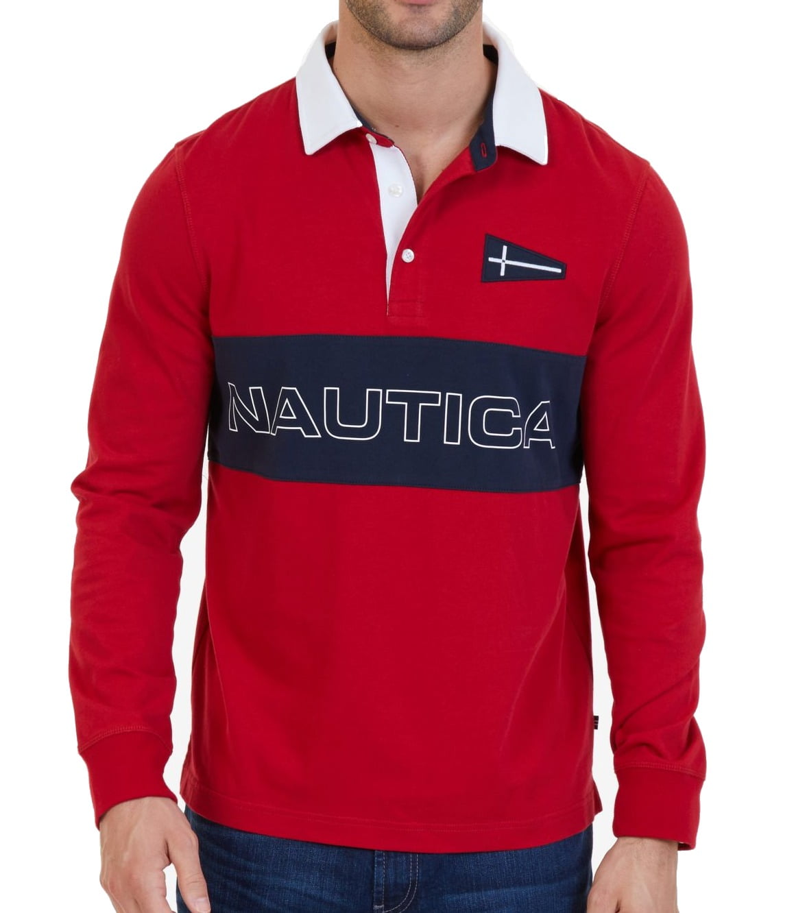 Nautica Nautica NEW Red Mens Size Small S Colorblock Polo LongSleeve
