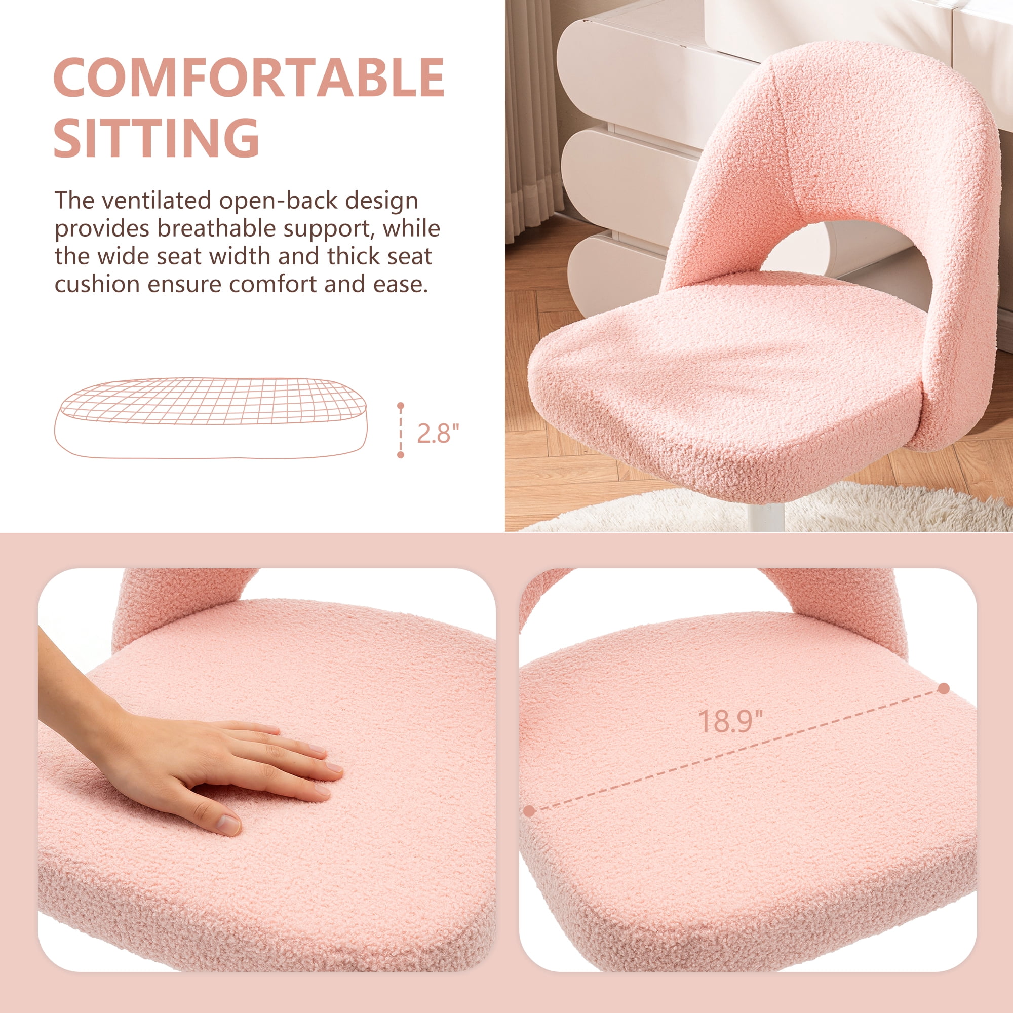ENYLAY Pink Fluffy Teddy Fleece Vanity Chair, Height Adjustable 360° Swivel Rolling Desk Chair, Ergonomic Upholstered Makeup Chair, Modern Cute Accent Chair for Bedroom Home Office Vanity Room