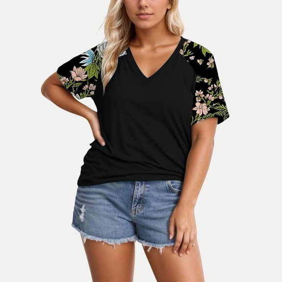 Womens Short Sleeve T Shirts Summer Casual Printed V Neck T Shirt Loose Shirts XXL
