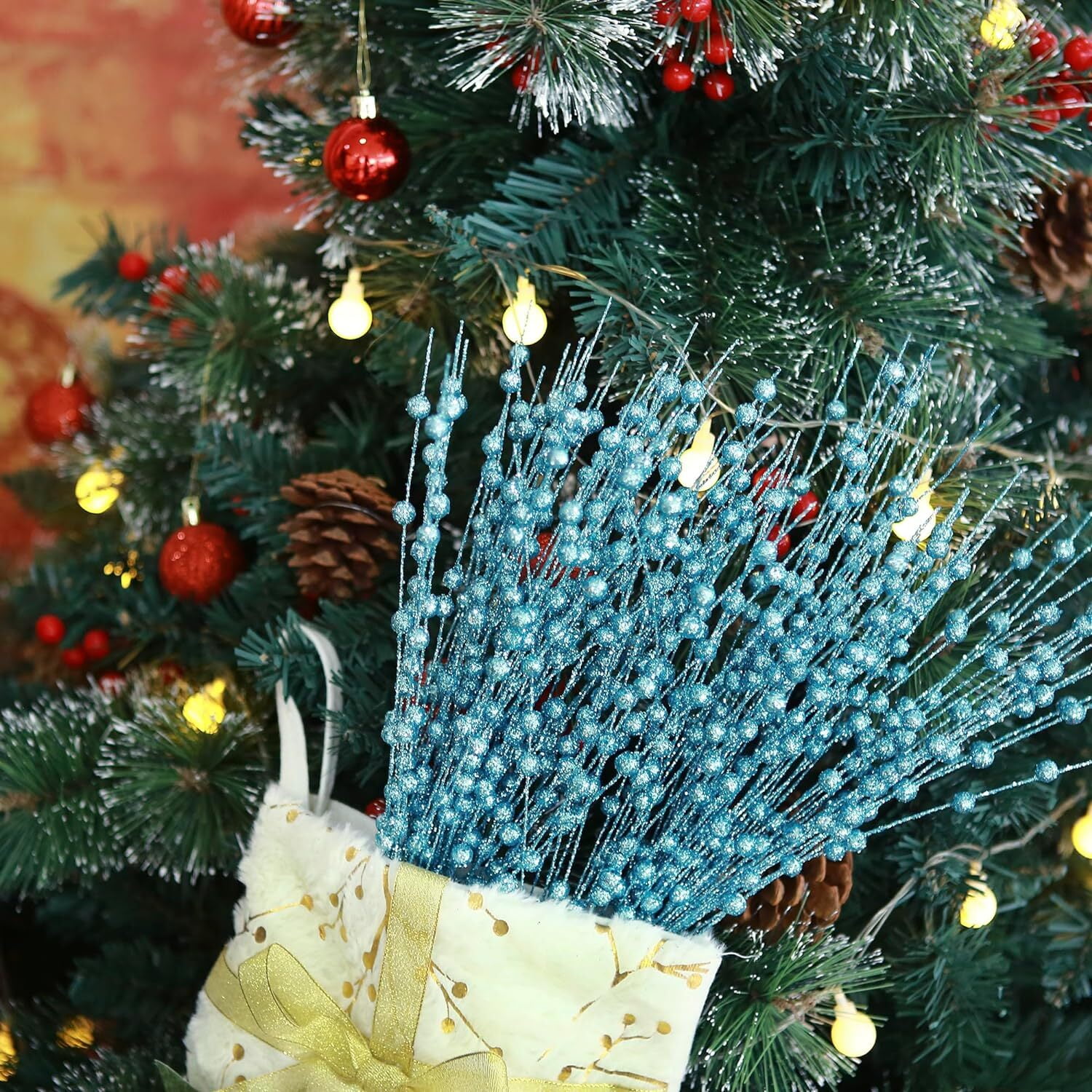 10 Pack Artificial Christmas Glitter Berry Stems, Christmas Tree Picks 17in Glittery Twigs Branches Decorative Bead Sticks for Christmas Tree Decorations Wreath Vase Holiday Decor (Lake blue)