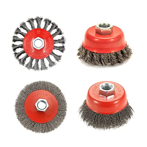 4 Pack Wire Wheel & Cup Brush Set for 4 1/2 Angle Grinder, 5/8"-11 Threaded Arbor, Heavy Duty Carbon Steel Wire Brush for Rust Removal, Paint Stripping & Polishing, Fits Most Grinders