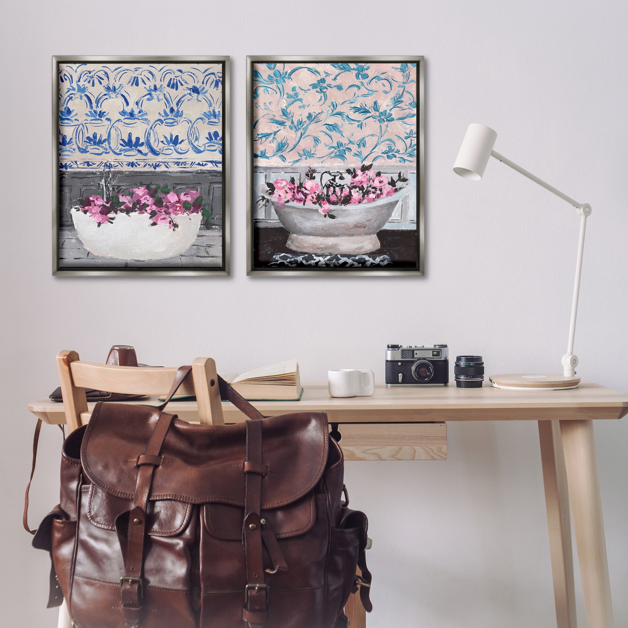Stupell Industries Flowers In Bath Tub Interior Design Botanical & Floral Painting Gray Floater Framed Canvas Art Print Wall Art, 25 x 31, Set of 2
