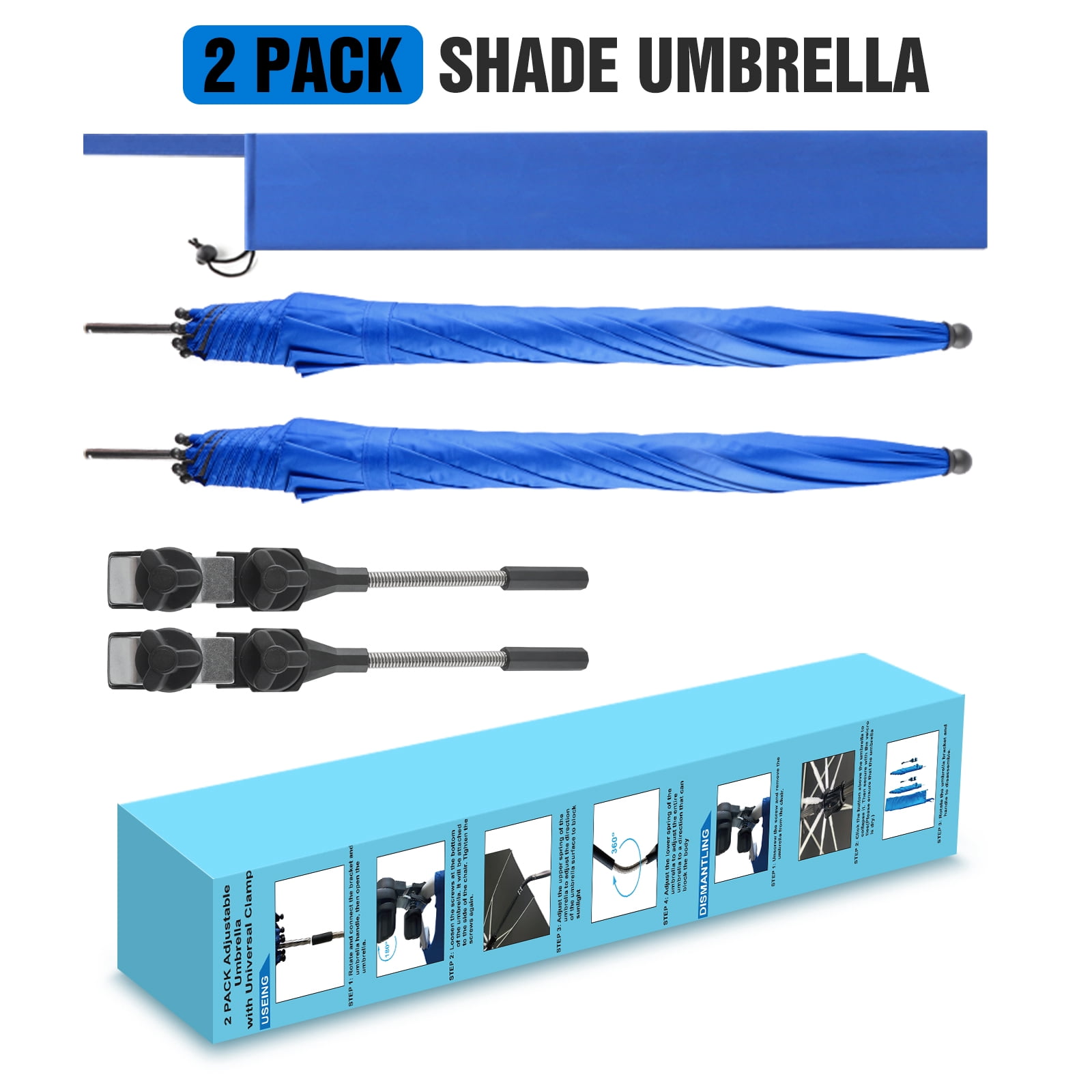 42" 2 Pack Beach Chair with Umbrella,99.99% UV Protection Chair Umbrella, UPF50+ 360° Adjustable Beach Chair Umbrella with Clamp(Azure Blue, Not Include Chair)