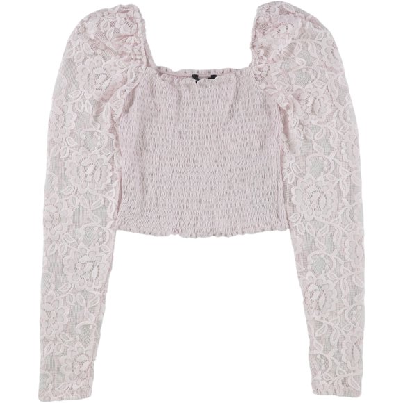 GUESS Womens Lace Sleeved Smocked Pullover Blouse, Purple, Small