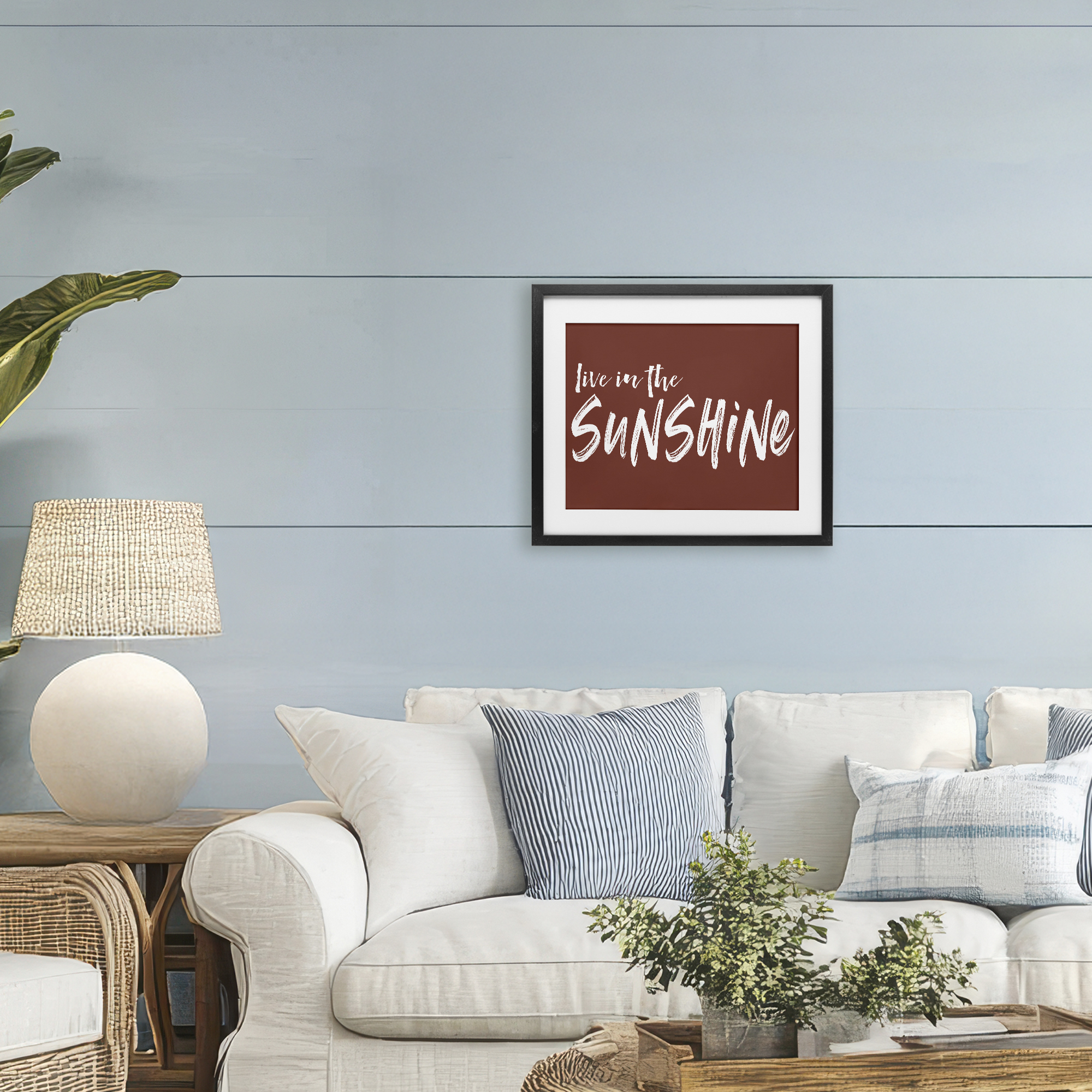 Live In The Sunshine Brown Black Framed Print Under Glass, design by Lettered and Lined
