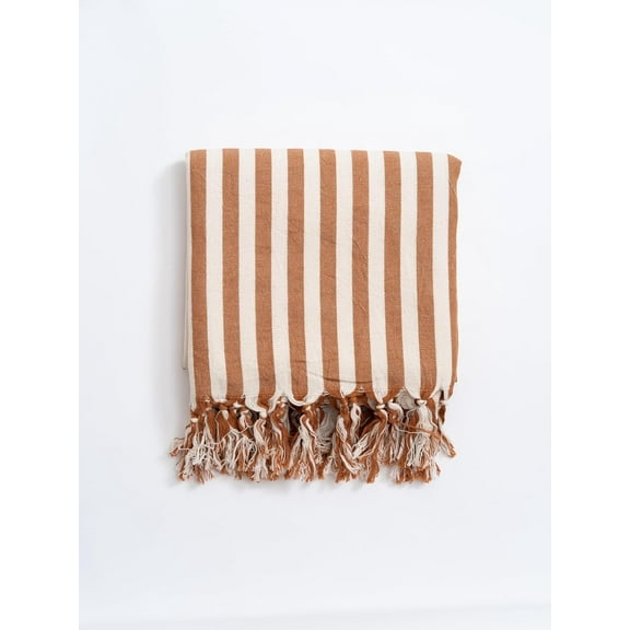 Linen Cotton Brown White Striped Beach Towel, 1 Count, Free Shipping