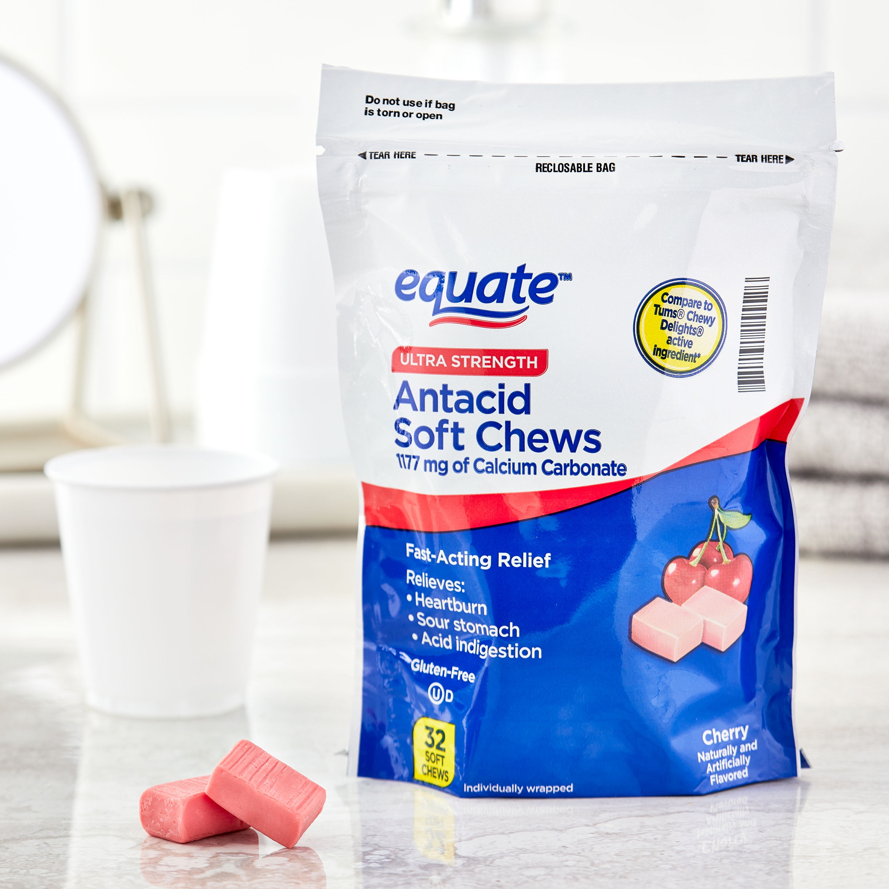 Equate Ultra Strength Antacid Soft Chews for Heartburn and Indigestion Relief, Cherry, 32 Soft Chews