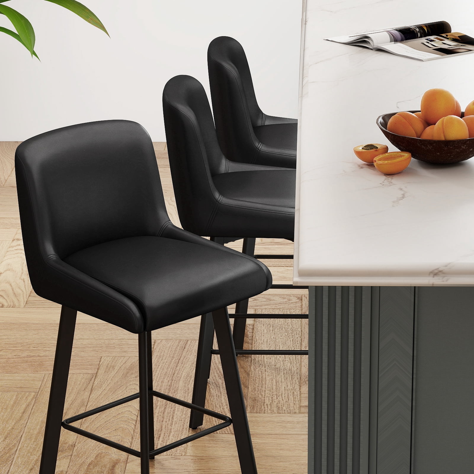 MultiHaven 26.1-Inch Bar Stools Set of 2,Swivel Counter Height Bar Stool with Back & Metal Legs,PU Leather Island Chairs Suitable for Kitchen,Bar,Cafe - Black