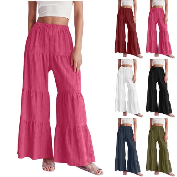 Laqbezok Women's High Waist Tiered Ruffle Wide Leg Pants, Smocked Elastic Waist Palazzo Trousers, Casual Flowy Pleated Summer Beach Swing Pants Boho Vacation Wear