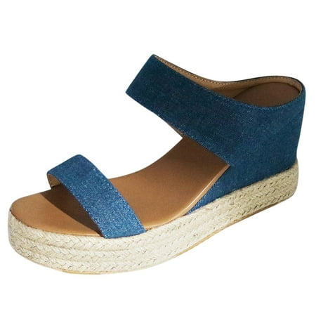 

SEMIMAY Shoes Women Breathable Beach Casual Toe Slip-On Sandals Summer Open Straw Wedges Women s Wedges Blue