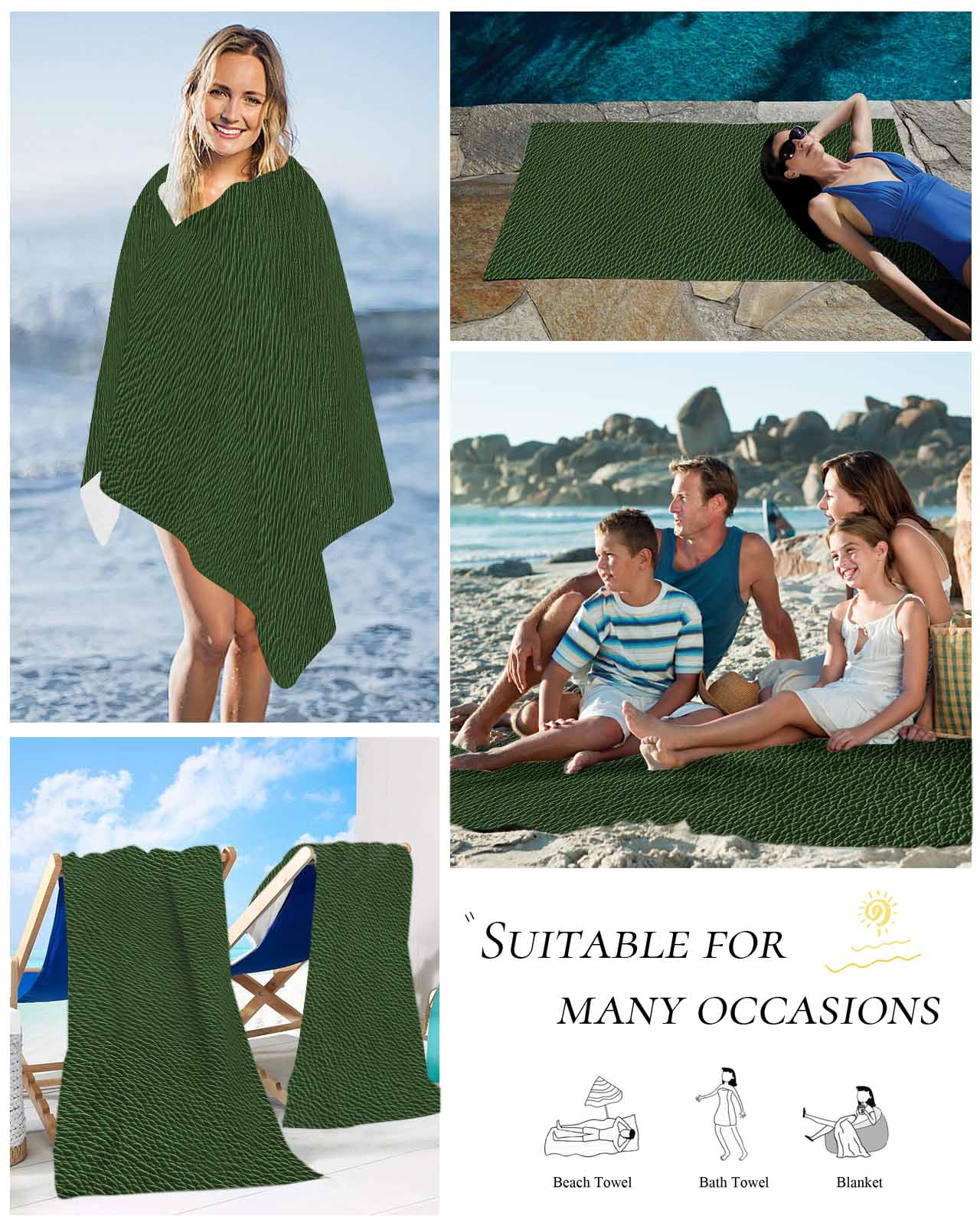 Solid Dark Green Beach Towels Oversized Super Absorbent, Retro Minimalism Abstract Denim Texture Lightweight Bath Towel Quick Dry Sets For Bathroom/Pool/Rv Camping/Beach Play/Gym Room/Picnic 23"x47"