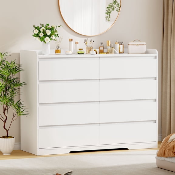 BEWISHOME White 8 Double Drawer Dresser for Bedroom, 47.2'' Wood Storage Side Cabinet Chest of Drawer for Living Room, Dresser