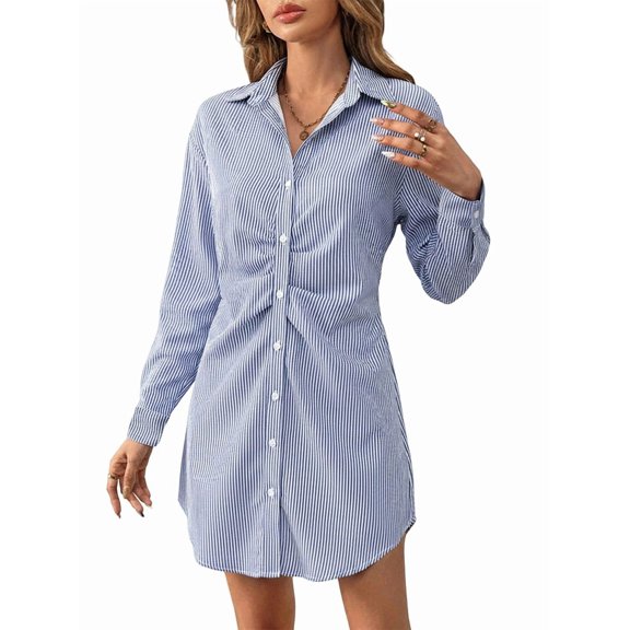 Women Button Down Shirt Dresses Striped Cotton Shirts Collared Long Sleeve Tops Blue S