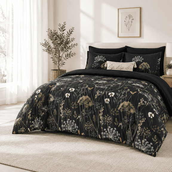 Black Queen (90"x90") 7 Piece Dandelion Floral Bed-in-a-Bag Set