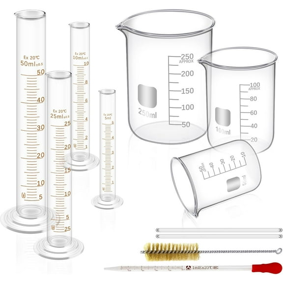 11 Pieces Glass Measuring Beaker 50/100/250 ml, Glass Graduated Cylinder 5/10/25/50 ml with 1 Brush, 2 Diameter and 1 Droppers for Science Lab, Glass Beaker Set