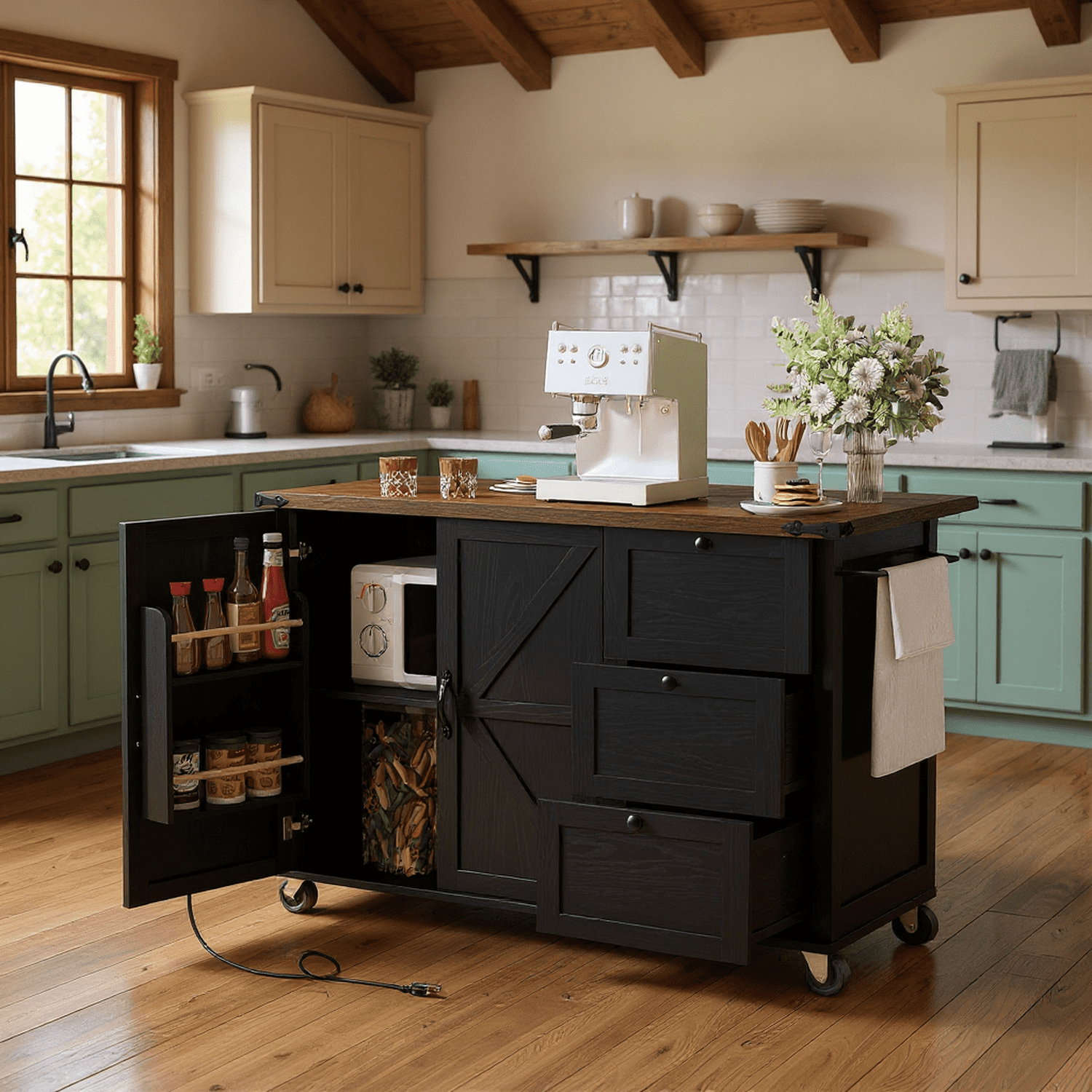 Homy Casa 54.5" Farmhouse Kitchen Island with Drop Leaf, Power Outlets, Barn Doors, 3 Drawers