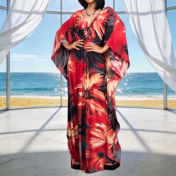 XUNKUSGA Plus Size Beach Cover Ups for Women Fashion Batwing Sleeve Caftan Dress Loose Comfortable Soft Summer Floral Print Maxi Dress,Red,Free Size