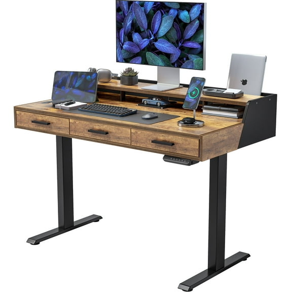 FEZIBO Electric Standing Desk with 3 Drawers & Monitor Shelves, 48 x 26 inches Sit Stand Home Office Desk, Rustic Brown