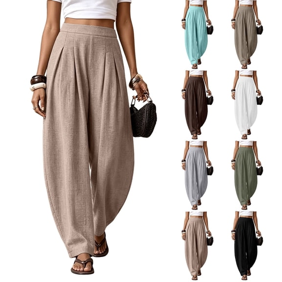 Only Moment Plus Size Linen Pants Women High Waisted Work Pants for Women Wide Leg High Waist Casual Lounge Pant 2026 Beach Travel Vacation Outfits Beige,L