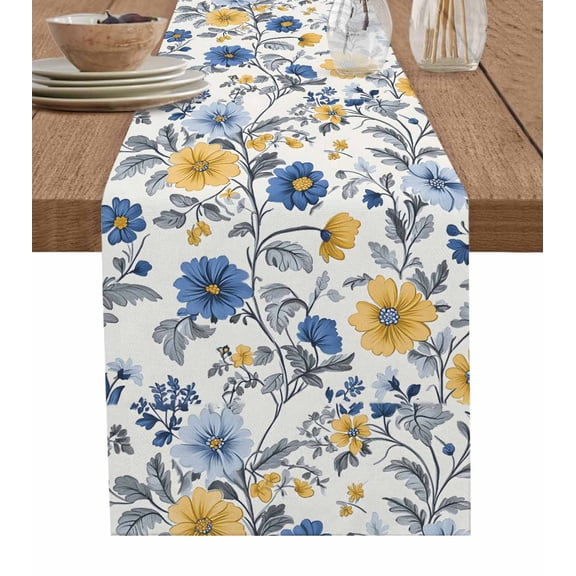 Ldtrchee Yellow Blue Flower Table Runner 72 Inches, Vintage Botanical Tree Leaf Branch Bed Runner Dresser Scarves Tabletop for Indoor Outdoor Parties/Ceremony/Banquet, 13" x 72"