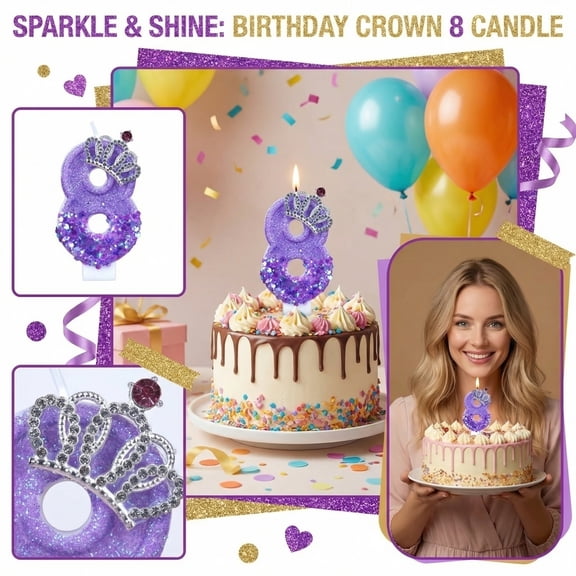 Birthday Number Candle, Glitter Purple Crown Design, 1 Piece, For 8th Kids Birthday Party Cake Decoration