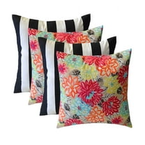 RSH Decor: 4 Square Throw Pillows | 20" x 20" | All-Weather Spun Fabric | Black & White Stripe Artistic Floral