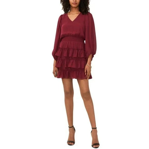 Vince Camuto Women's V-Neck Balloon-Sleeve Tiered Dress, Crisp Merlot XL