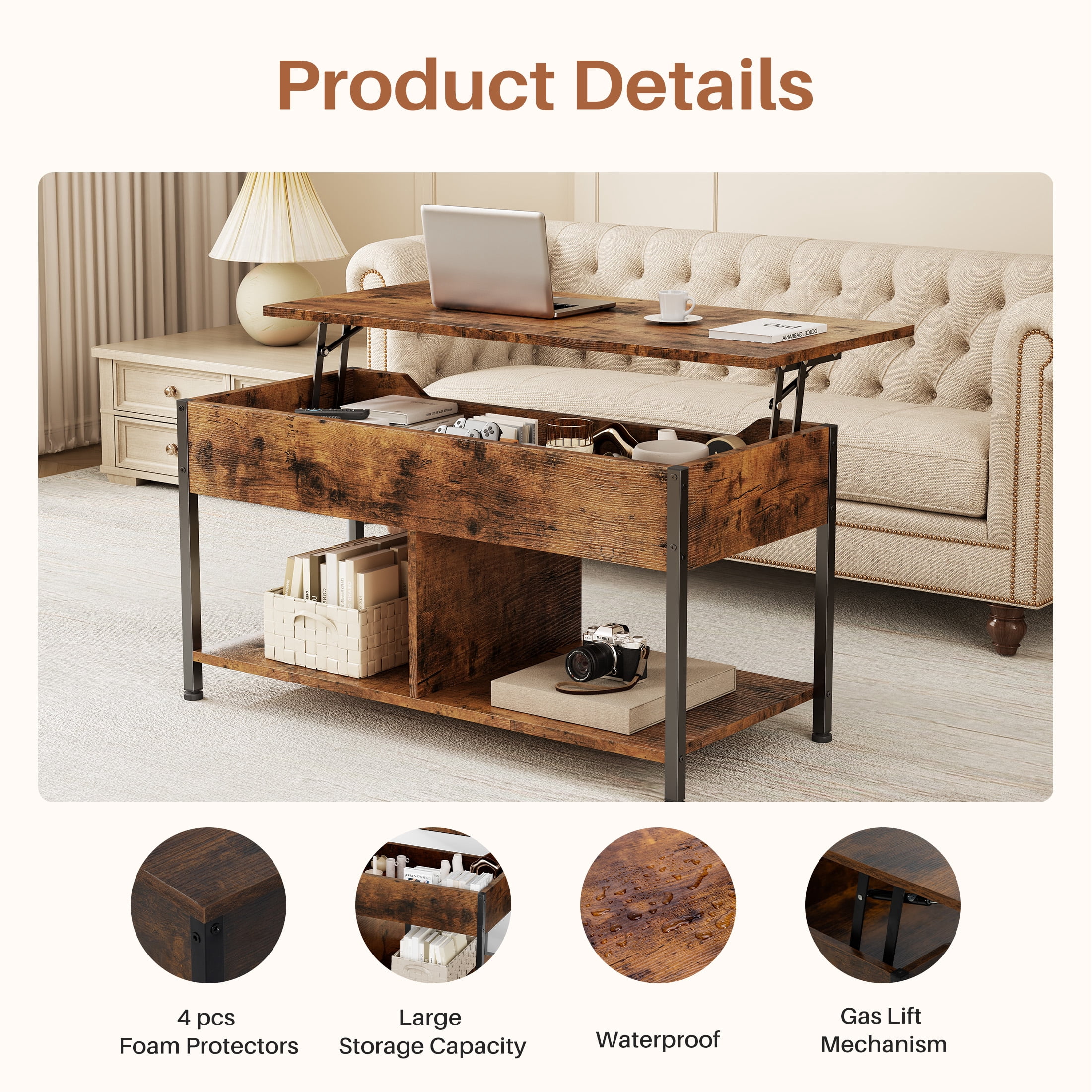 EDX Lift-Top Coffee Table, Adjustable Height Convertible Center Table with Storage, for Living Room, Rustic Brown