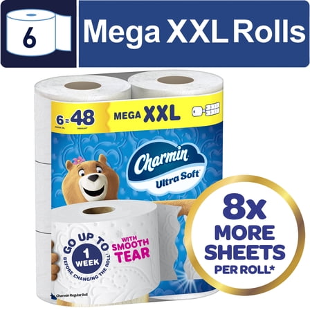 Charmin Toilet Paper Ultra Soft, 6 Mega XXL Rolls, 2-Ply Bath Tissue