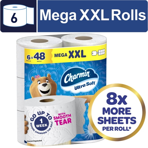 Charmin Toilet Paper Ultra Soft, 6 Mega XXL Rolls, 2-Ply Bath Tissue